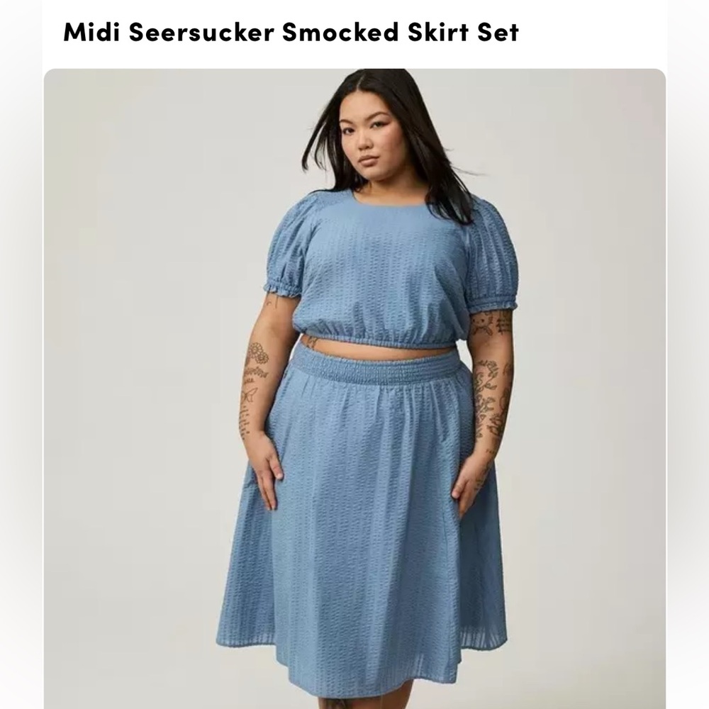 Plus Size Light Blue Seersucker Midi skirt set